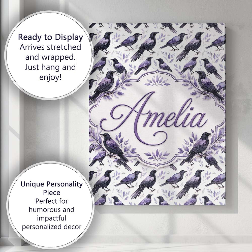 Personalised Name Purple Black Raven Birds Custom  Unique Gift Idea Elegant Feature Canvas Wall Art Print Decor Picture Ready to Hang