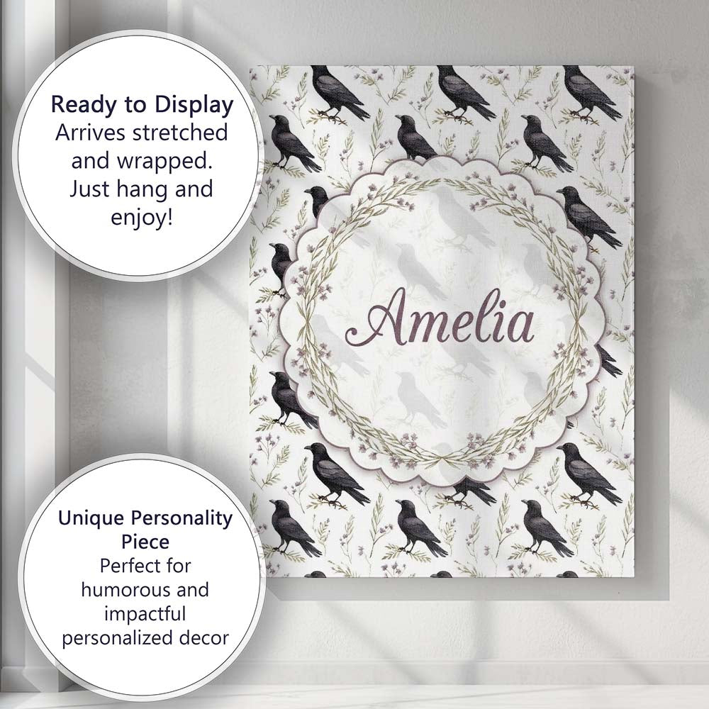 Personalised Name Black Crow Birds with Custom  Modern Room Accent Elegant Feature Canvas Wall Art Print Decor Picture Ready to Hang