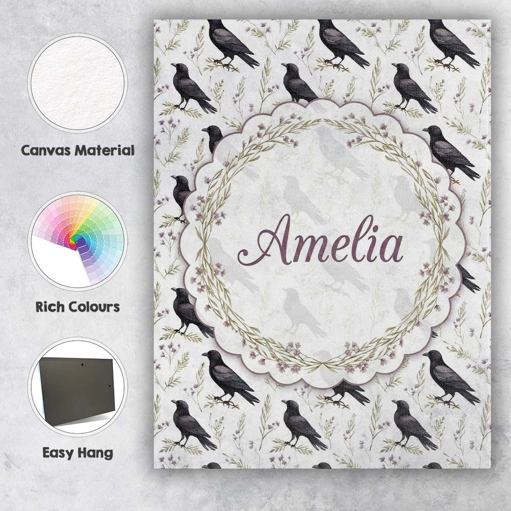 Personalised Name Black Crow Birds with Custom  Modern Room Accent Elegant Feature Canvas Wall Art Print Decor Picture Ready to Hang