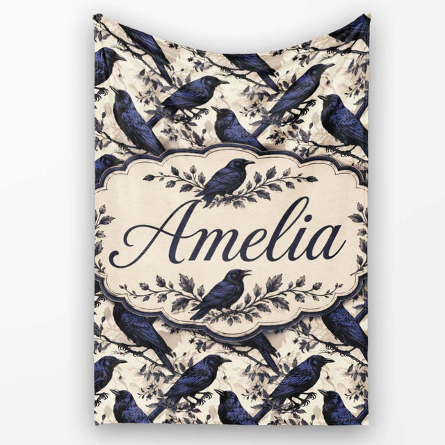 Deep Blue Raven Birds with Branches Seamless Pattern Lovely  Personalised Custom Name Super Soft Fleece Blanket Bed Sofa Throw