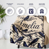 Deep Blue Raven Birds with Branches Seamless Pattern Lovely  Personalised Custom Name Super Soft Fleece Blanket Bed Sofa Throw