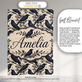 Deep Blue Raven Birds with Branches Seamless Pattern Lovely  Personalised Custom Name Super Soft Fleece Blanket Bed Sofa Throw