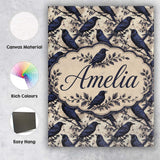 Personalised Name Deep Blue Raven Birds Custom  Modern Room Accent Elegant Feature Canvas Wall Art Print Decor Picture Ready to Hang