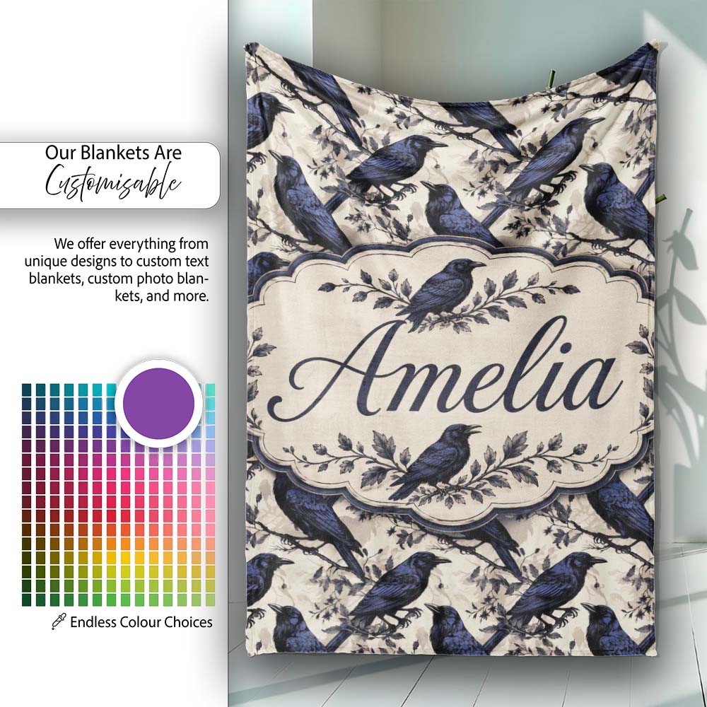 Deep Blue Raven Birds with Branches Seamless Pattern Lovely  Personalised Custom Name Super Soft Fleece Blanket Bed Sofa Throw
