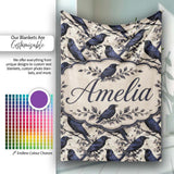 Deep Blue Raven Birds with Branches Seamless Pattern Lovely  Personalised Custom Name Super Soft Fleece Blanket Bed Sofa Throw