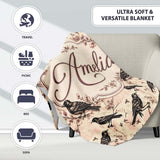 Vintage Brown Black Birds with Floral Branch Seamless Pattern Lovely  Personalised Custom Name Super Soft Fleece Blanket Bed Sofa Throw