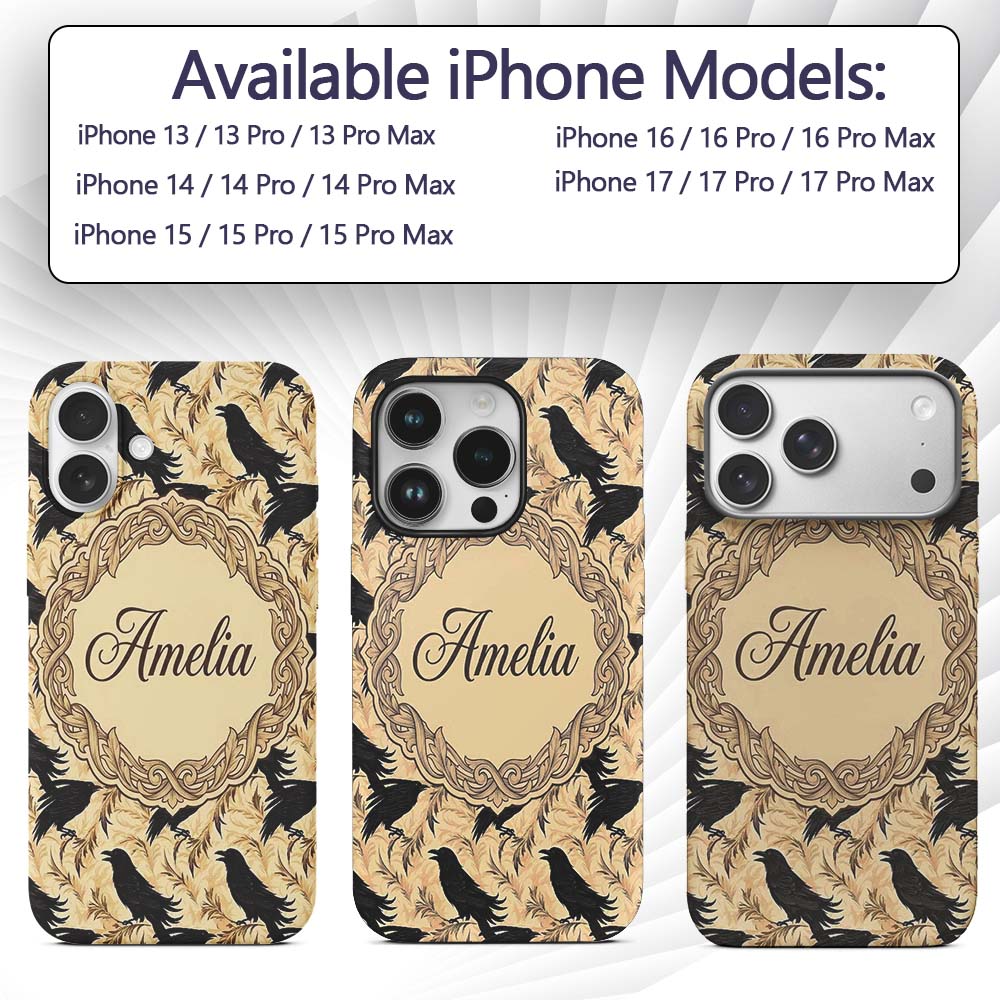 Gothic Raven Seamless Pattern on Beige Vintage Custom Name Protective Phone Case Mobile Cover Durable Everyday Smartphone Shock Resistant