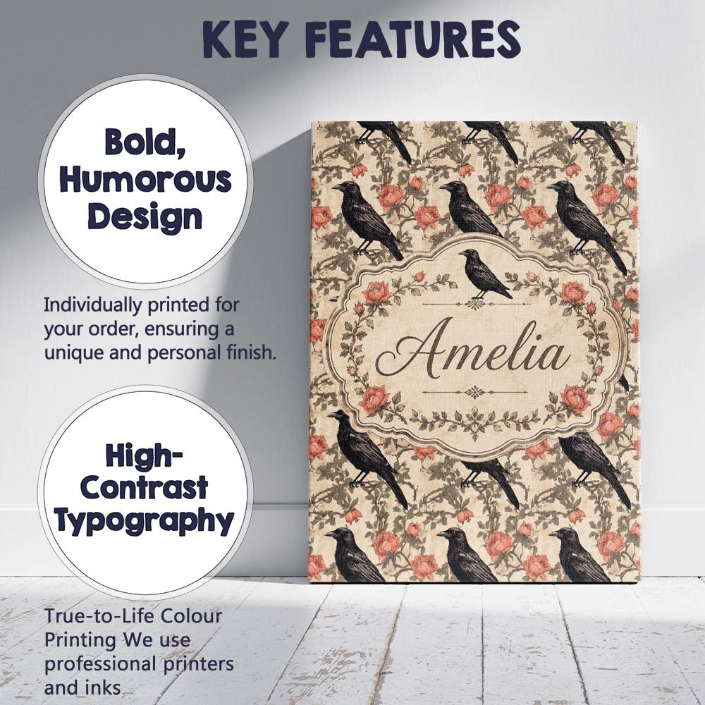Personalised Name Black Crow and Rose Custom Modern Room Accent Creative Decorator Style Canvas Wall Art Print Decor Picture Ready to Hang