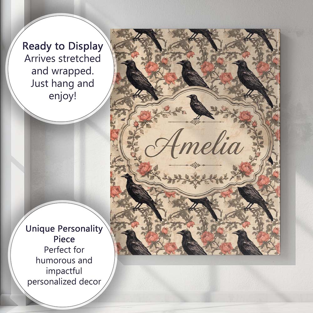 Personalised Name Black Crow and Rose Custom Modern Room Accent Creative Decorator Style Canvas Wall Art Print Decor Picture Ready to Hang