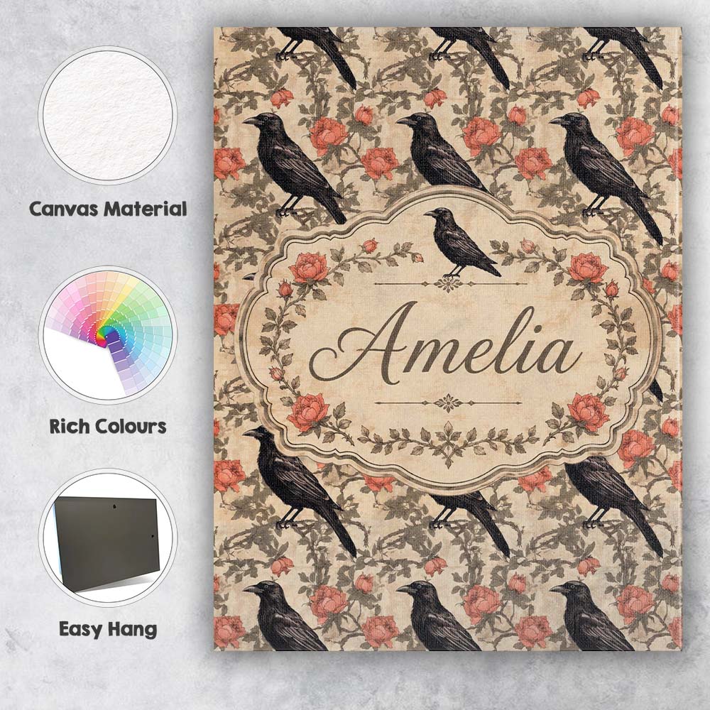 Personalised Name Black Crow and Rose Custom Modern Room Accent Creative Decorator Style Canvas Wall Art Print Decor Picture Ready to Hang