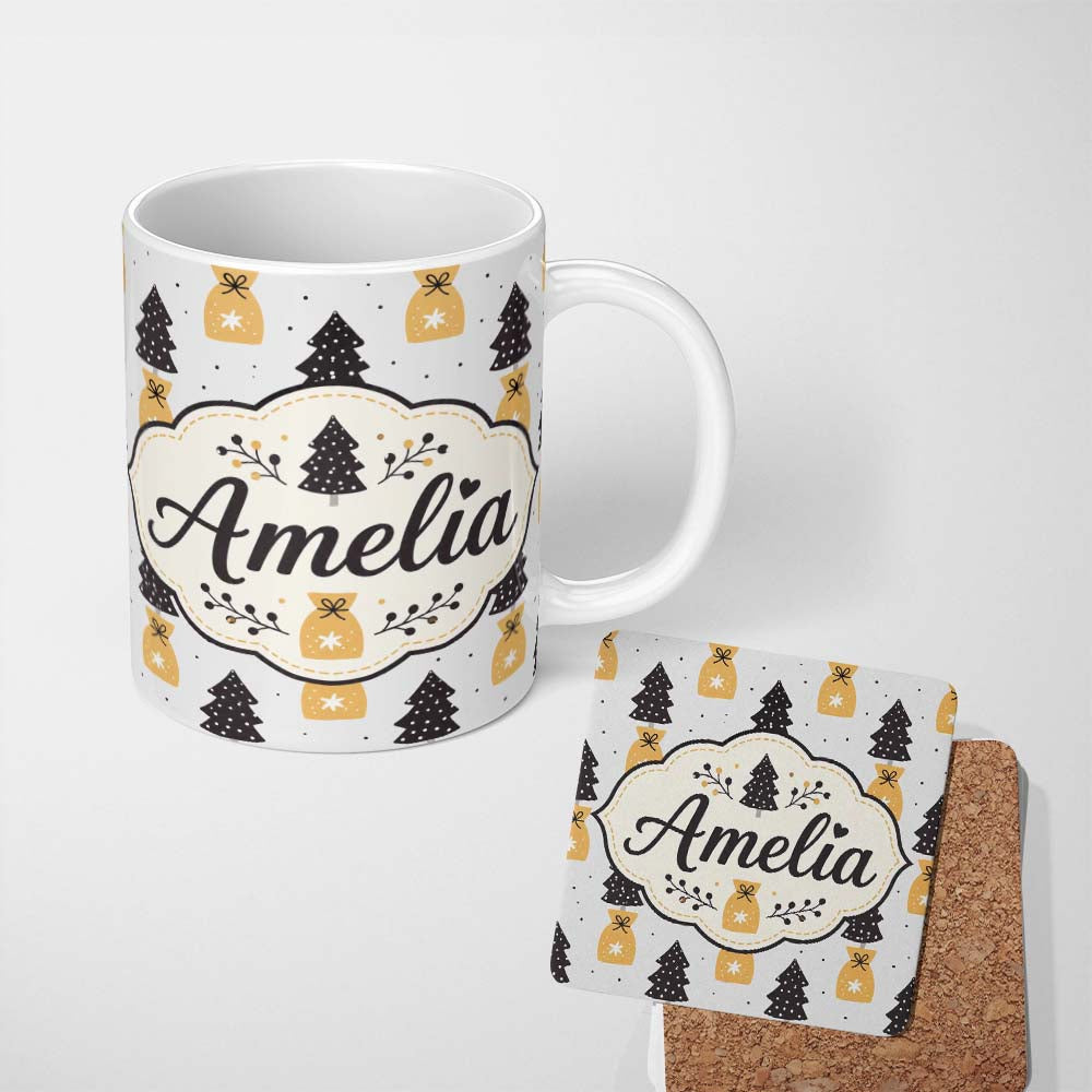 Personalized Custom Name Black Christmas Trees and Gift Bags Seamless Pattern Modern Holiday 11oz Ceramic Coffee Tea Mug White Large Handle
