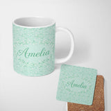 Personalized Custom Name Delicate White Wildflower on Soft Green Seamless Pattern Lovely 11oz Ceramic Coffee Tea Mug White Large Handle