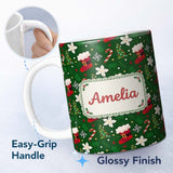 Personalized Custom Name Stocking Candy Cane Tree Poinsettia Seamless Pattern Lovely 11oz Ceramic Coffee Tea Mug White Large Handle