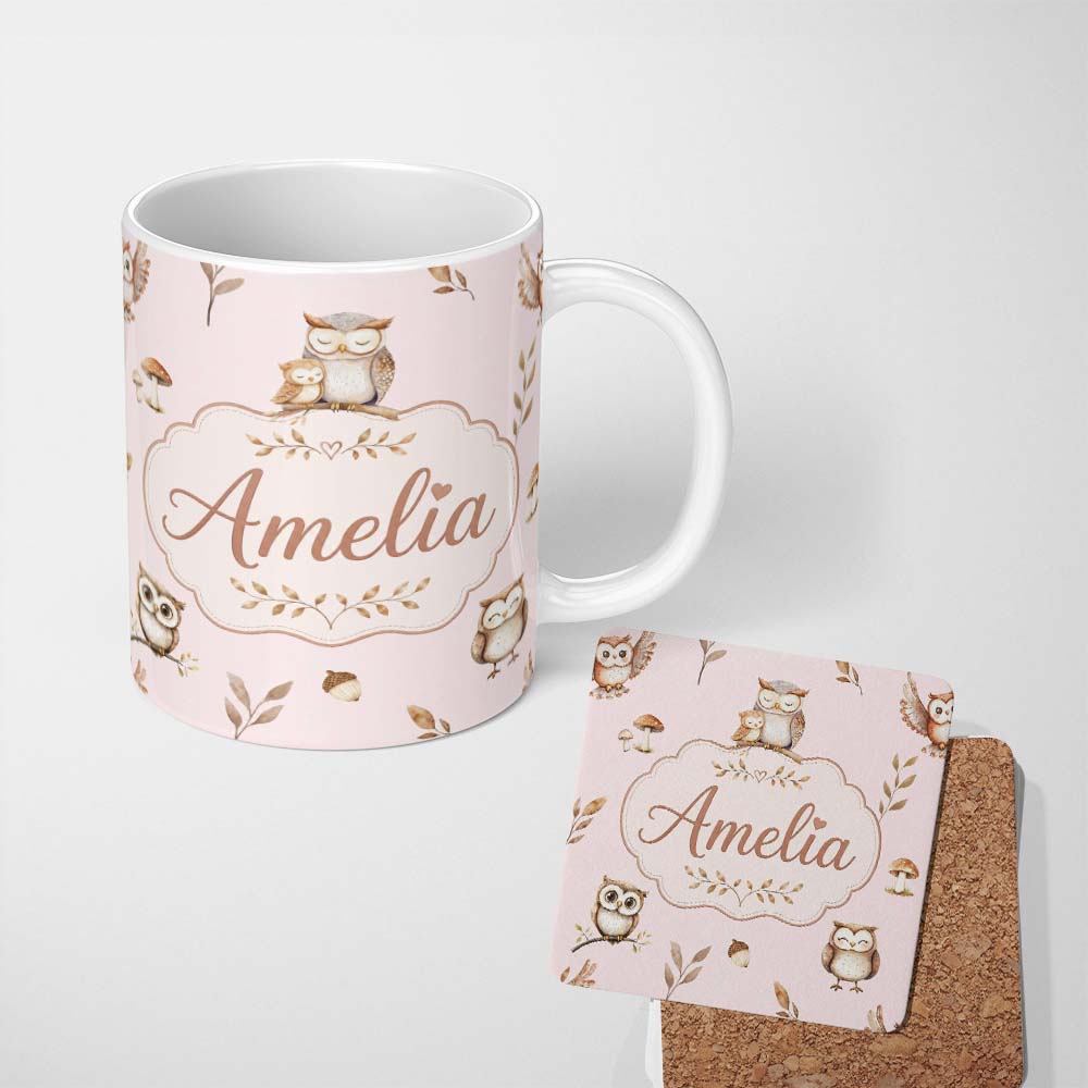 Personalized Custom Name Cute Woodland Owls Mushrooms and Leaves Soft Blush Background Lovely 11oz Ceramic Coffee Tea Mug White Large Handle