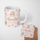 Personalized Custom Name Cute Woodland Owls Mushrooms and Leaves Soft Blush Background Lovely 11oz Ceramic Coffee Tea Mug White Large Handle