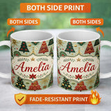 Personalized Custom Name Luxury Christmas Trees Gold Red Snowflakes Festive Seamless Pattern 11oz Ceramic Coffee Tea Mug White Large Handle
