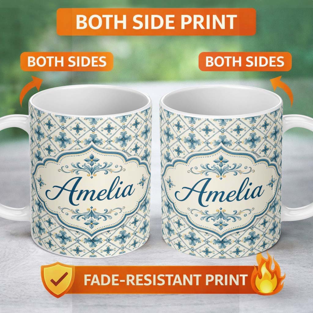 Personalized Custom Name Pale Blue and Cream Traditional Tile Pattern with Floral Medallion 11oz Ceramic Coffee Tea Mug White Large Handle