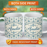 Personalized Custom Name Pale Blue and Cream Traditional Tile Pattern with Floral Medallion 11oz Ceramic Coffee Tea Mug White Large Handle