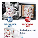 Personalized Custom Name Cute Christmas Gift Boxes Ho Ho Doodle Seamless Pattern Lovely 11oz Ceramic Coffee Tea Mug White Large Handle