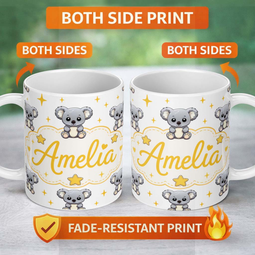 Personalized Custom Name Cute Koala Bears with Stars White Background Seamless Pattern Lovely 11oz Ceramic Coffee Tea Mug White Large Handle