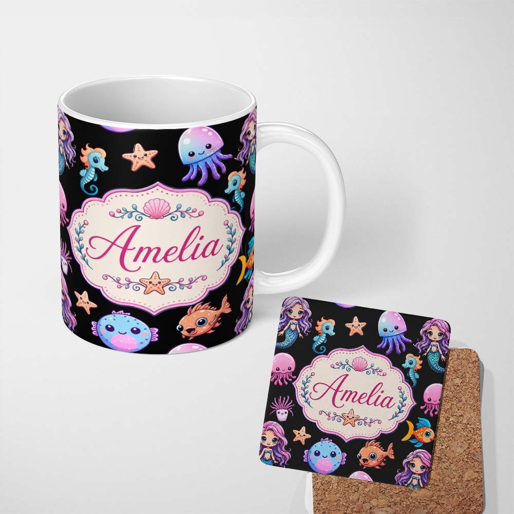 Personalized Custom Name Cute Kawaii Mermaid and Sea Creatures Seamless Ocean Pattern on 11oz Ceramic Coffee Tea Mug White Large Handle