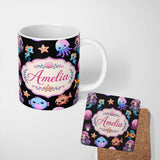Personalized Custom Name Cute Kawaii Mermaid and Sea Creatures Seamless Ocean Pattern on 11oz Ceramic Coffee Tea Mug White Large Handle