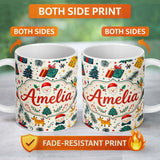 Personalized Custom Name Cute Santa Reindeer Gifts Pine Branch Festive Seamless Pattern 11oz Ceramic Coffee Tea Mug White Large Handle