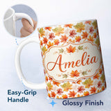 Personalized Custom Name Orange and Yellow Maple Leaf Pattern with Detailed Autumn Foliage 11oz Ceramic Coffee Tea Mug White Large Handle