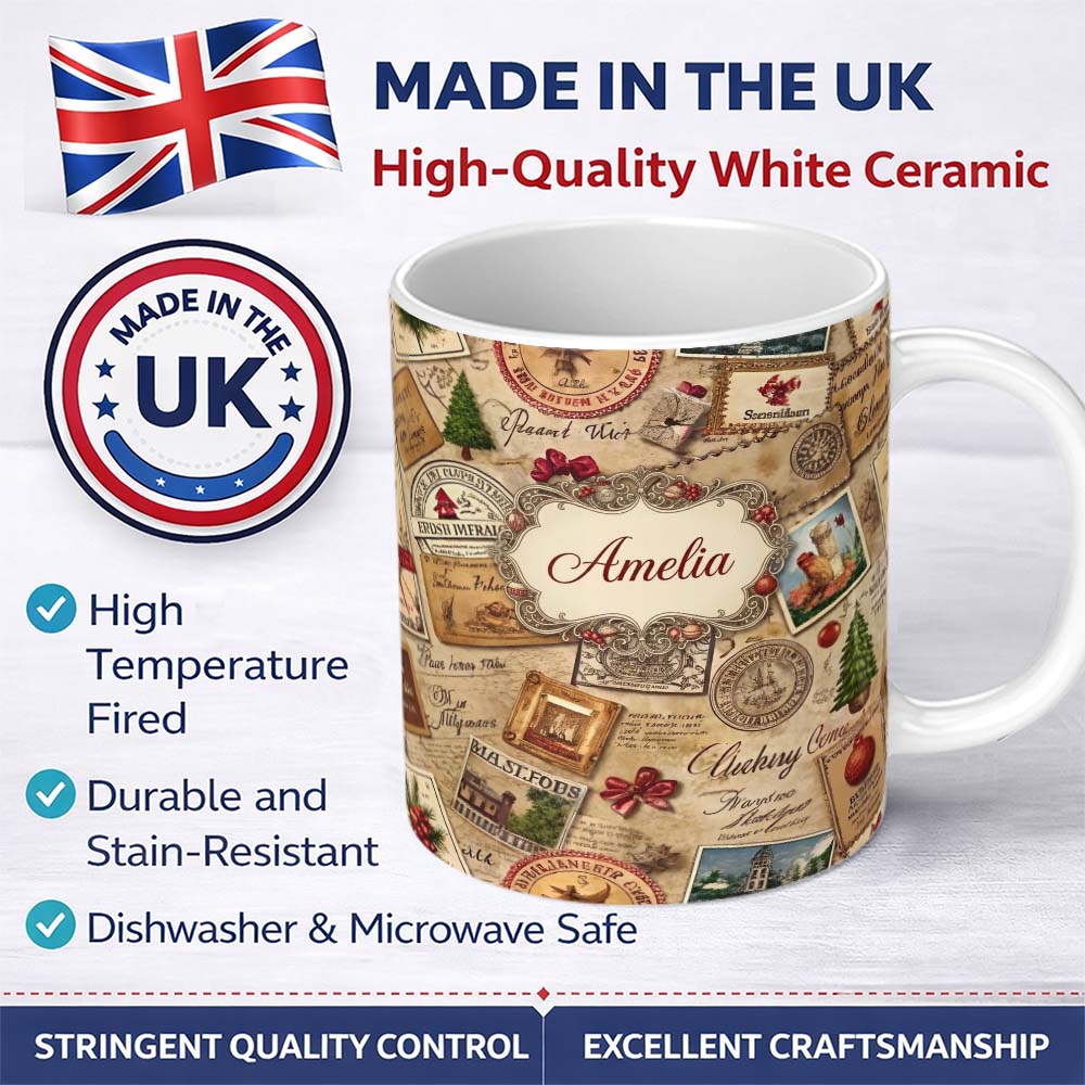 Personalized Custom Name Vintage Christmas Ephemera with Letters Stamps and Holiday Motifs 11oz Ceramic Coffee Tea Mug White Large Handle