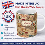 Personalized Custom Name Vintage Christmas Ephemera with Letters Stamps and Holiday Motifs 11oz Ceramic Coffee Tea Mug White Large Handle