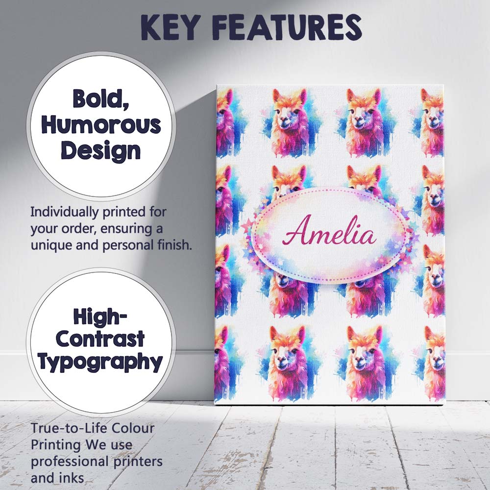Personalised Name Colourful Alpaca Pattern Bright Artistic Animal Custom  Bespoke Canvas Wall Art Print Decor Picture Ready to Hang