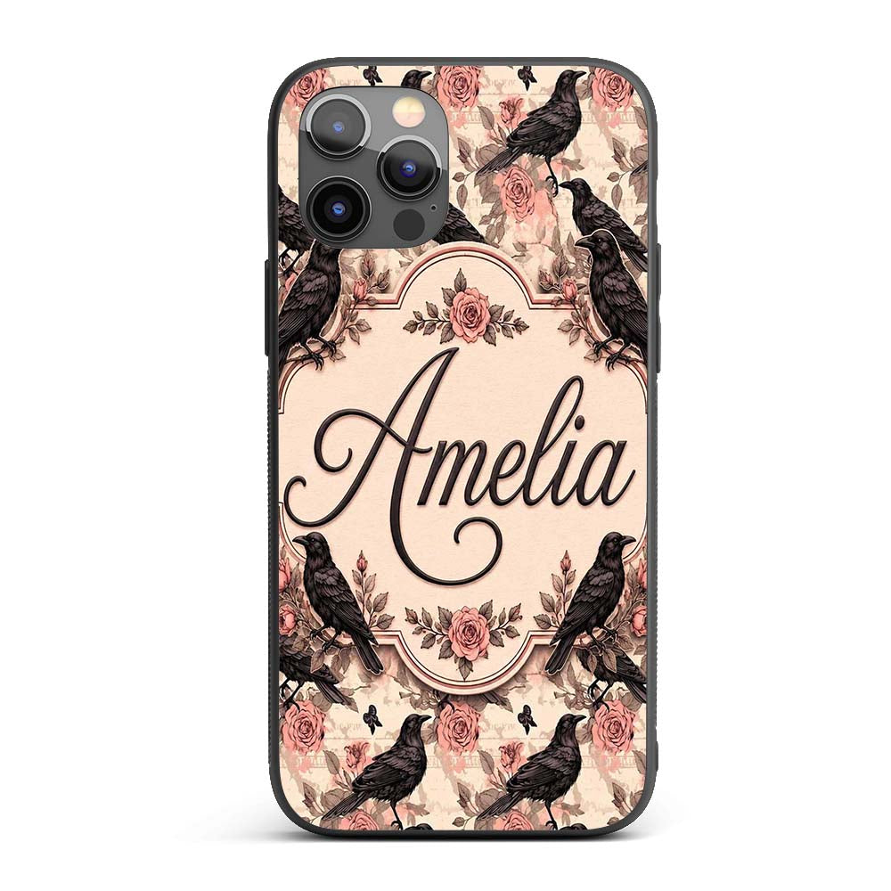 Gothic Raven and Pink Roses Vintage Seamless Custom Name Protective Phone Case Mobile Cover Durable Everyday Smartphone Shock Resistant