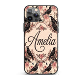 Gothic Raven and Pink Roses Vintage Seamless Custom Name Protective Phone Case Mobile Cover Durable Everyday Smartphone Shock Resistant