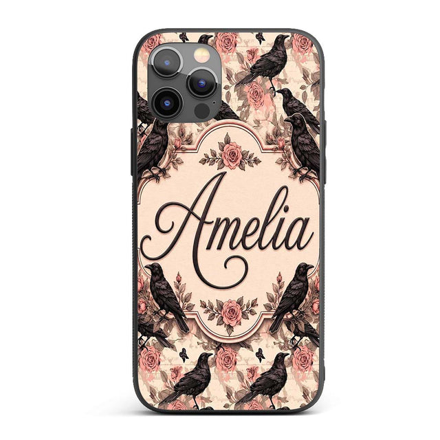 Gothic Raven and Pink Roses Vintage Seamless Custom Name Protective Phone Case Mobile Cover Durable Everyday Smartphone Shock Resistant