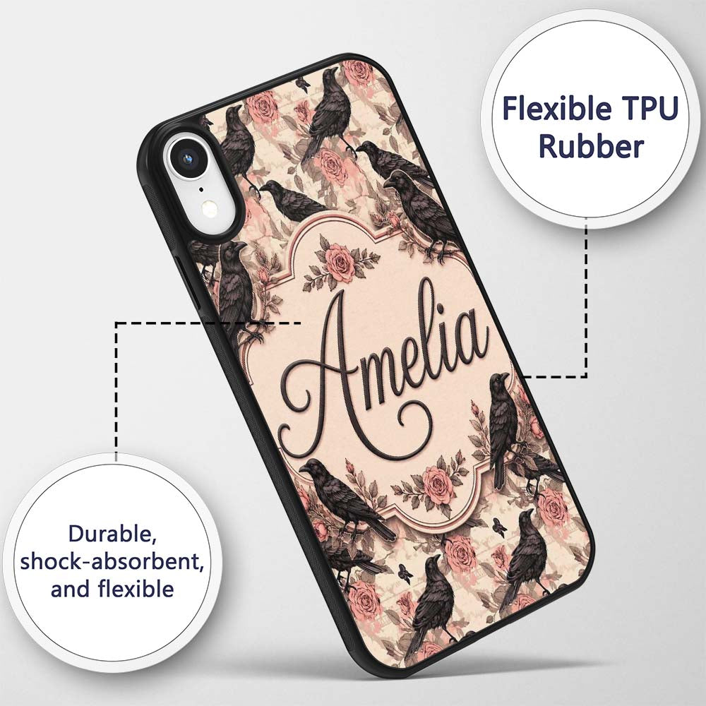 Gothic Raven and Pink Roses Vintage Seamless Custom Name Protective Phone Case Mobile Cover Durable Everyday Smartphone Shock Resistant