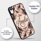 Gothic Raven and Pink Roses Vintage Seamless Custom Name Protective Phone Case Mobile Cover Durable Everyday Smartphone Shock Resistant