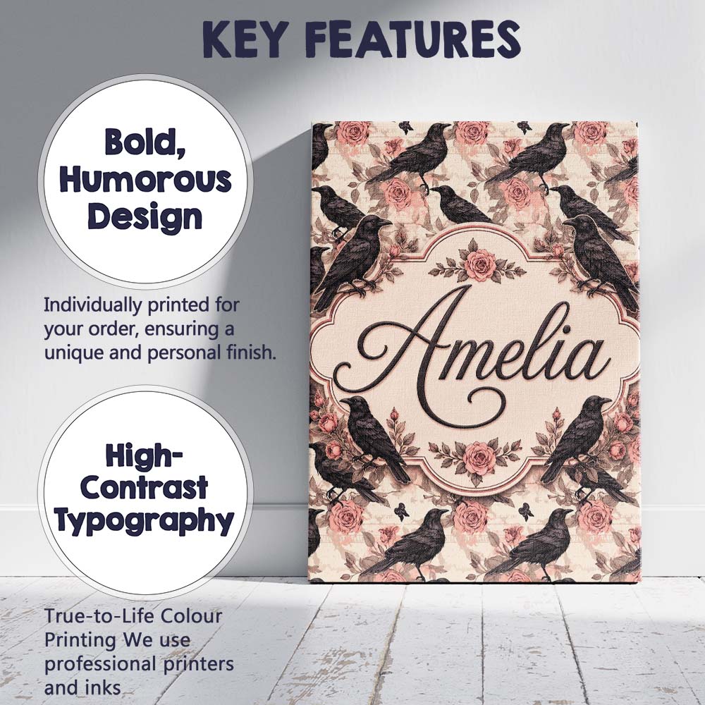 Personalised Name Gothic Raven and Pink Custom  Modern Room Accent Elegant Feature Canvas Wall Art Print Decor Picture Ready to Hang