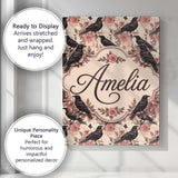 Personalised Name Gothic Raven and Pink Custom  Modern Room Accent Elegant Feature Canvas Wall Art Print Decor Picture Ready to Hang