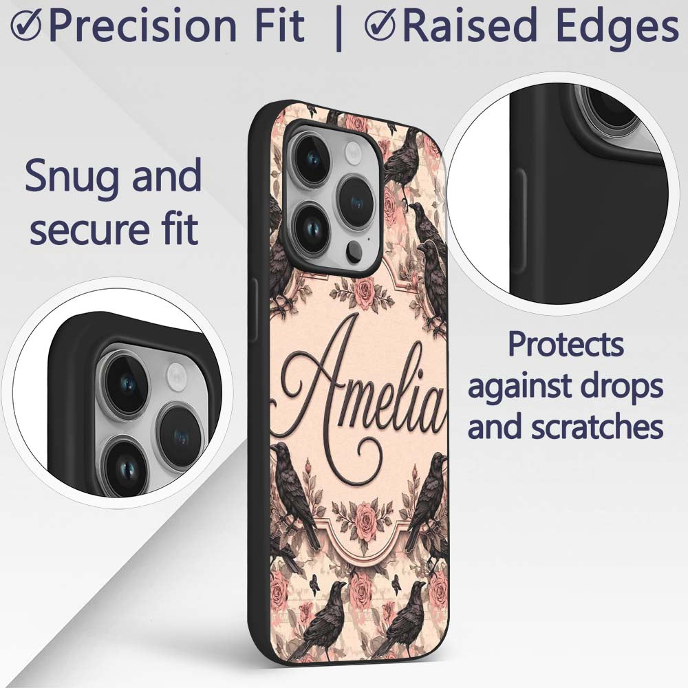 Gothic Raven and Pink Roses Vintage Seamless Custom Name Protective Phone Case Mobile Cover Durable Everyday Smartphone Shock Resistant