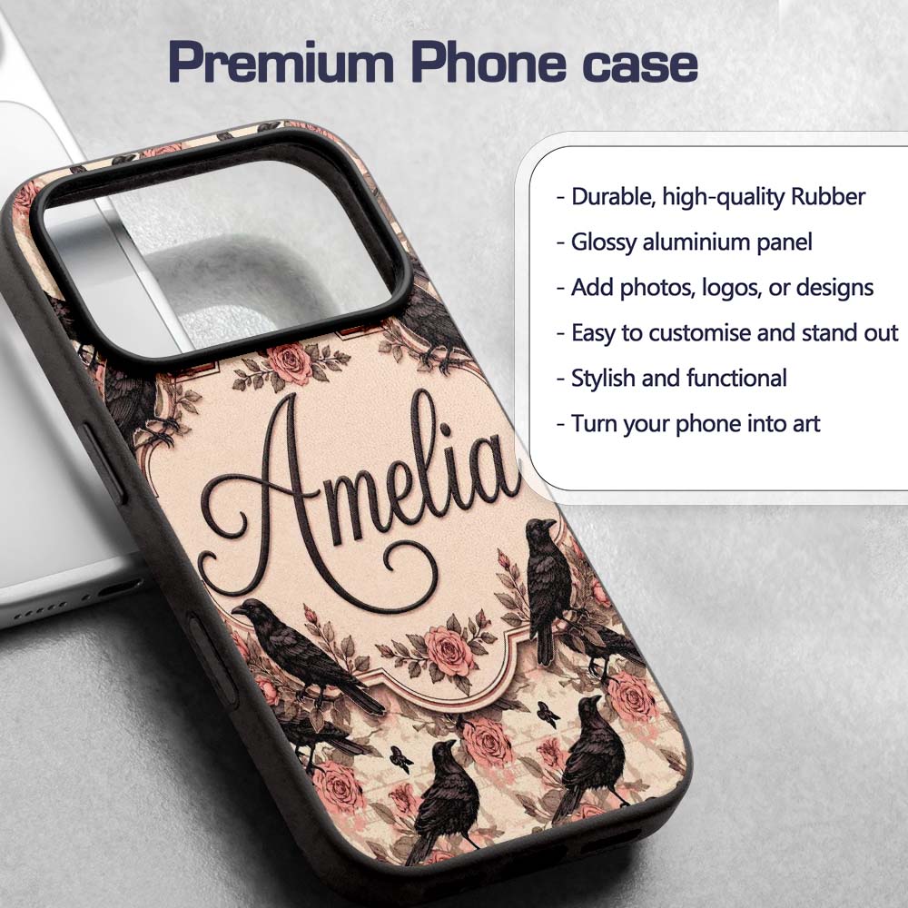 Gothic Raven and Pink Roses Vintage Seamless Custom Name Protective Phone Case Mobile Cover Durable Everyday Smartphone Shock Resistant