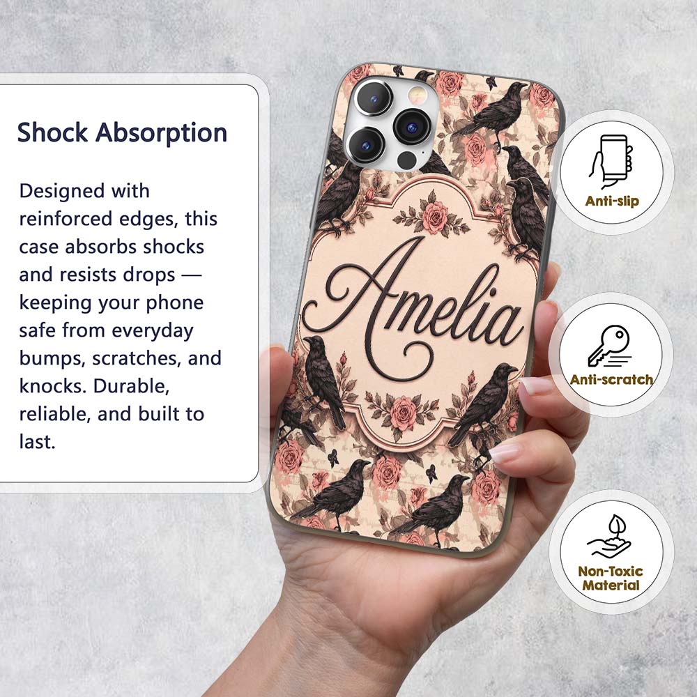 Gothic Raven and Pink Roses Vintage Seamless Custom Name Protective Phone Case Mobile Cover Durable Everyday Smartphone Shock Resistant