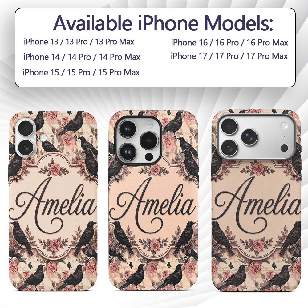 Gothic Raven and Pink Roses Vintage Seamless Custom Name Protective Phone Case Mobile Cover Durable Everyday Smartphone Shock Resistant