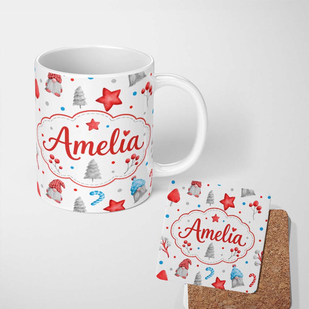 Personalized Custom Name Cute Christmas Gnome Candy Cane Gifts Seamless Pattern Lovely 11oz Ceramic Coffee Tea Mug White Large Handle