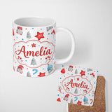Personalized Custom Name Cute Christmas Gnome Candy Cane Gifts Seamless Pattern Lovely 11oz Ceramic Coffee Tea Mug White Large Handle