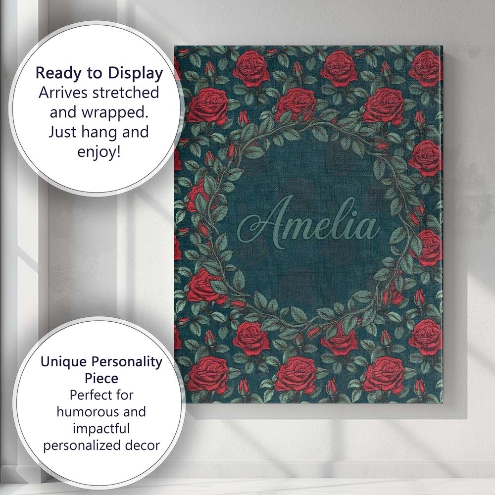 Personalised Name Elegant Red Rose Seamless Custom  Bespoke Interior Contemporary Canvas Wall Art Print Decor Picture Ready to Hang