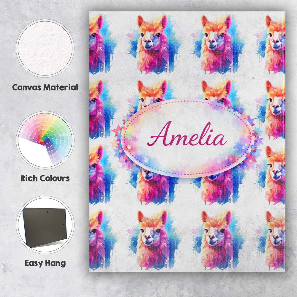 Personalised Name Colourful Alpaca Pattern Bright Artistic Animal Custom  Bespoke Canvas Wall Art Print Decor Picture Ready to Hang