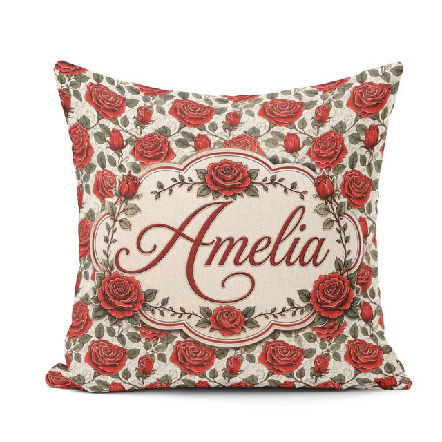 Custom Name Detailed Red Rose Floral Seamless Pattern with Style Square Filled Cushion Throw Pillow Sofa Bed Home Decor Zip Washable UK Made