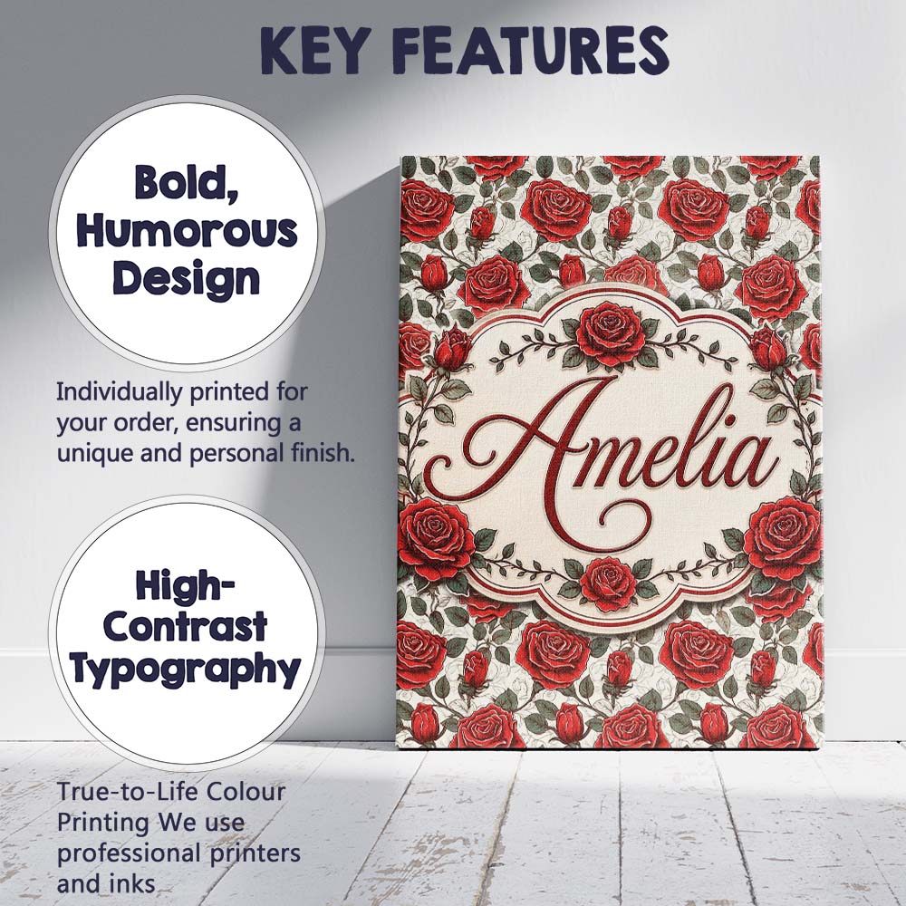 Personalised Name Detailed Red Rose Floral Custom  Unique Gift Idea Elegant Feature Canvas Wall Art Print Decor Picture Ready to Hang