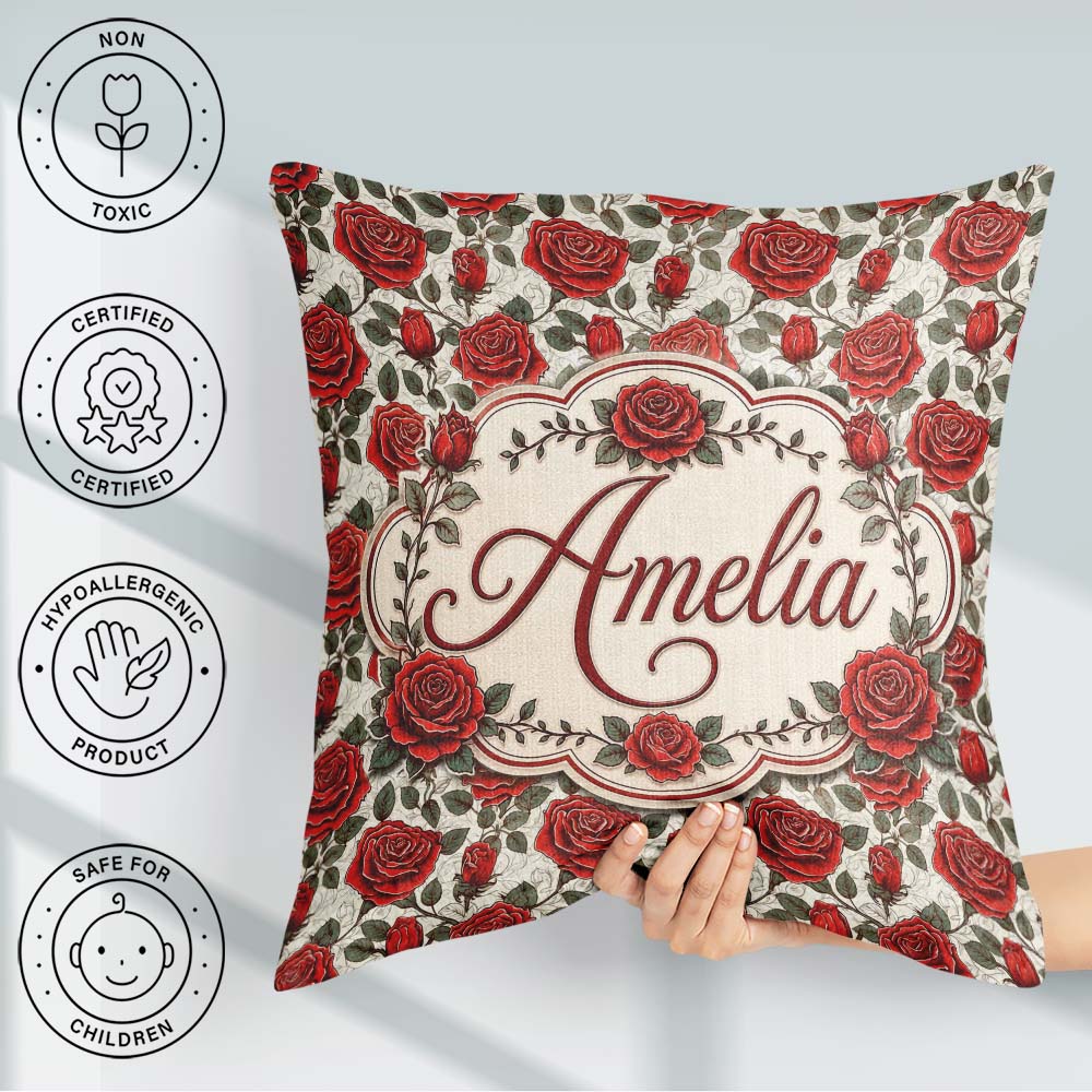 Custom Name Detailed Red Rose Floral Seamless Pattern with Style Square Filled Cushion Throw Pillow Sofa Bed Home Decor Zip Washable UK Made