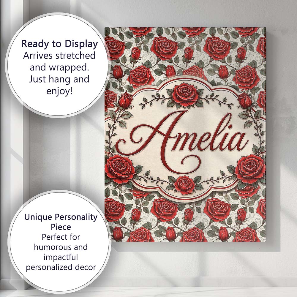 Personalised Name Detailed Red Rose Floral Custom  Unique Gift Idea Elegant Feature Canvas Wall Art Print Decor Picture Ready to Hang